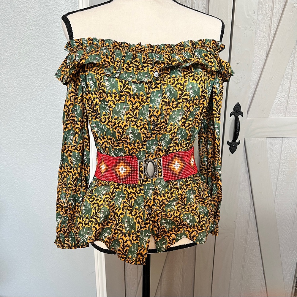NEW! J. Crew Green and Yellow Off-Shoulder Blouse